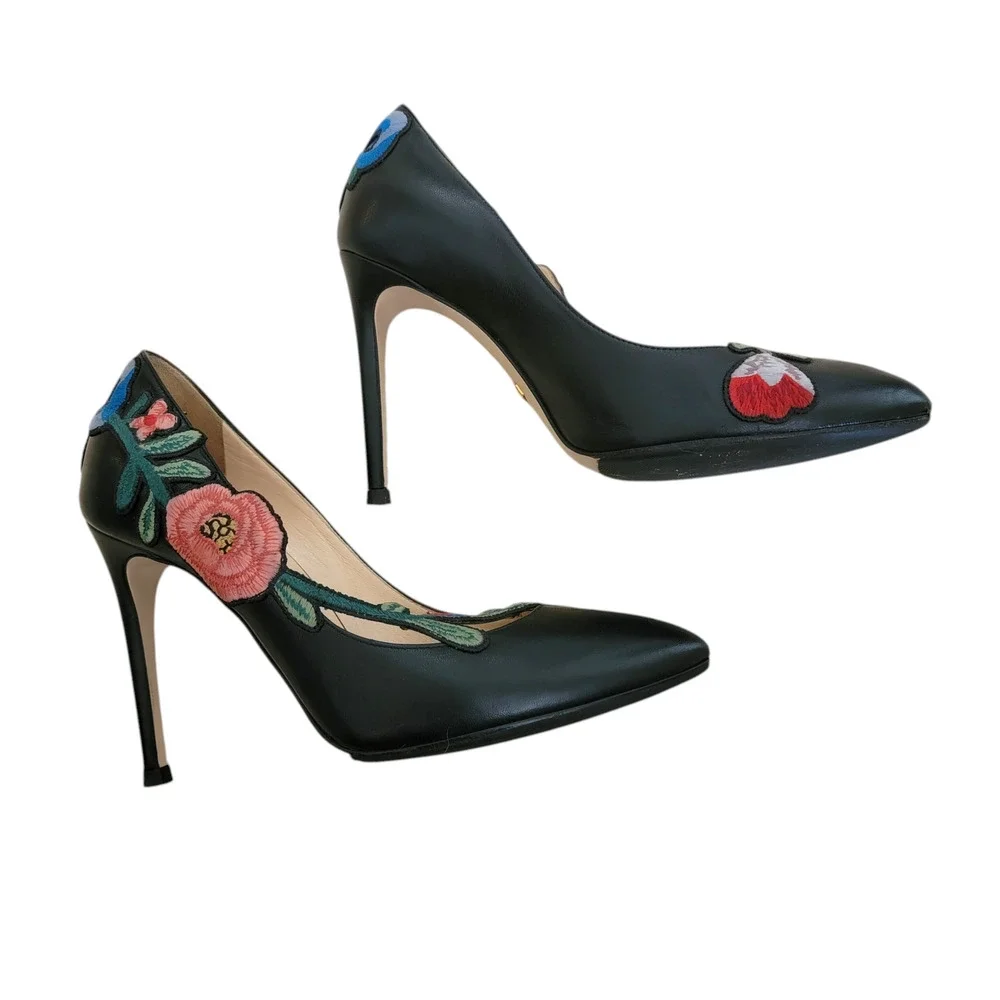 Gucci Floral Ophelia Black Leather Heels Embroidered Pointed Toe Pumps 36.5 6.5